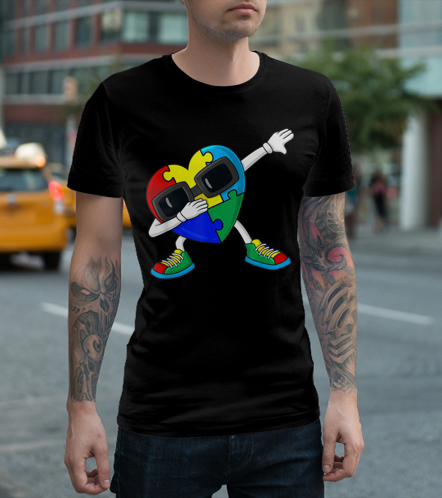 Dabbing Heart Wearing Sunglasses with Puzzle Pieces Autism Dab T-Shirt