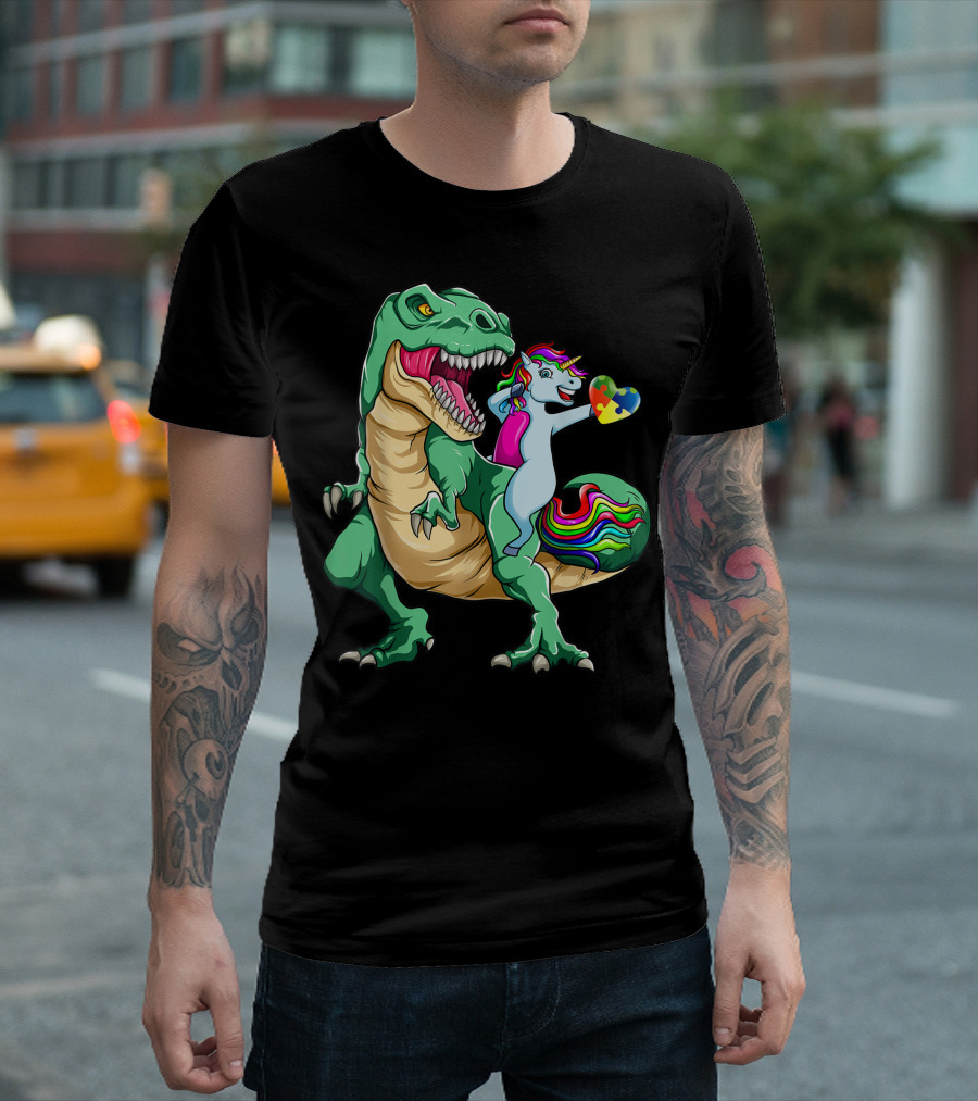 Dabbing Unicorn Riding Dinosaur Holding Autism Awareness Puzzle Heart T-Shirt