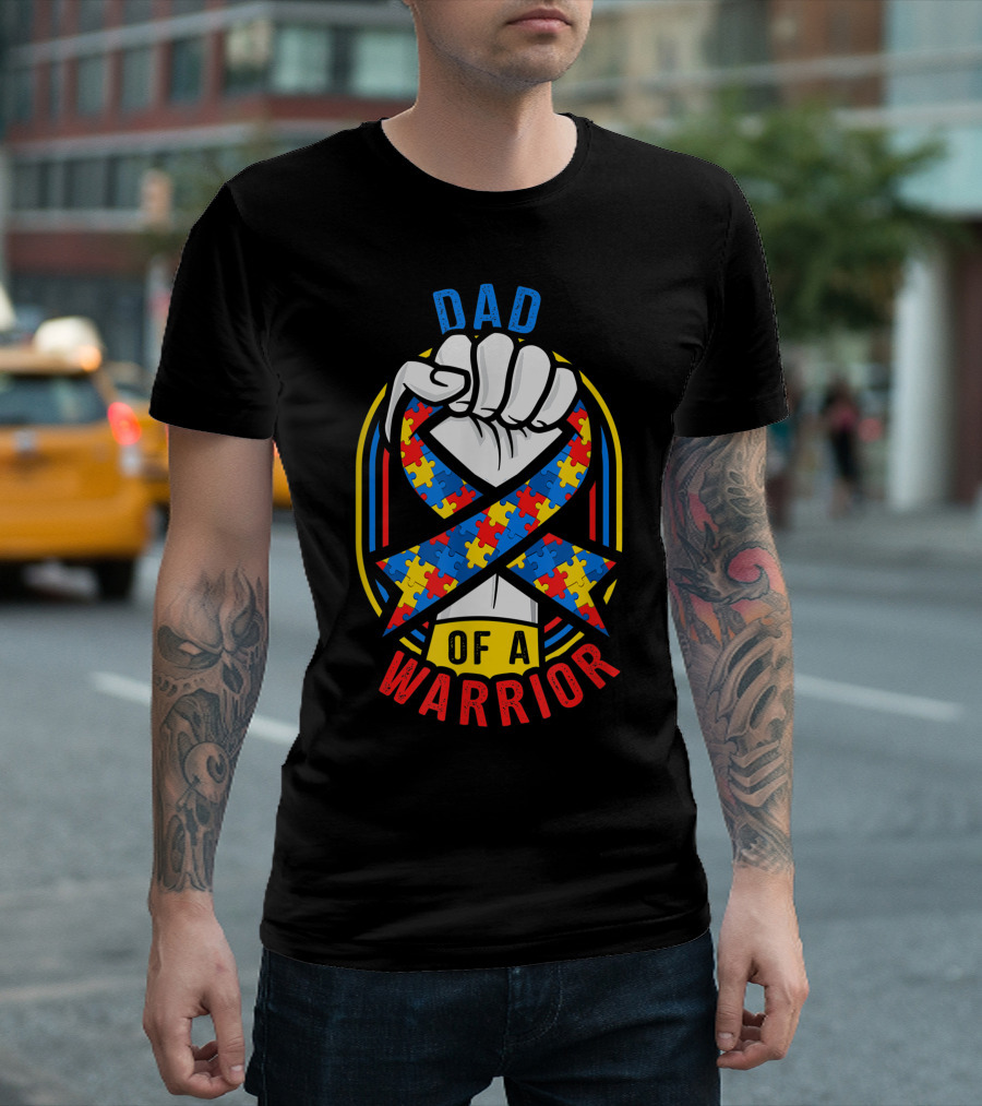 Dad Of A Warrior Puzzle Ribbon Autism Awareness T-Shirt