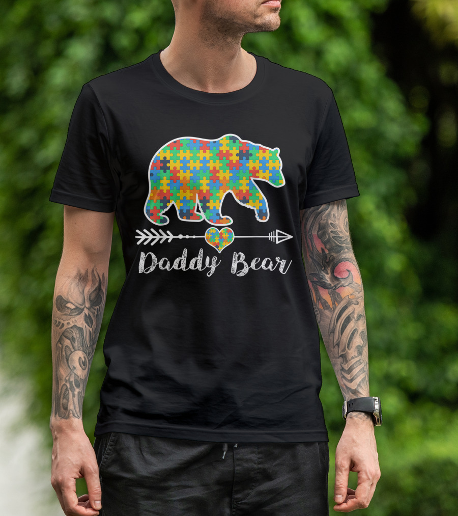 Daddy Bear Autism Awareness Support Autistic Puzzle Piece Multicolor Heart Arrow T-Shirt