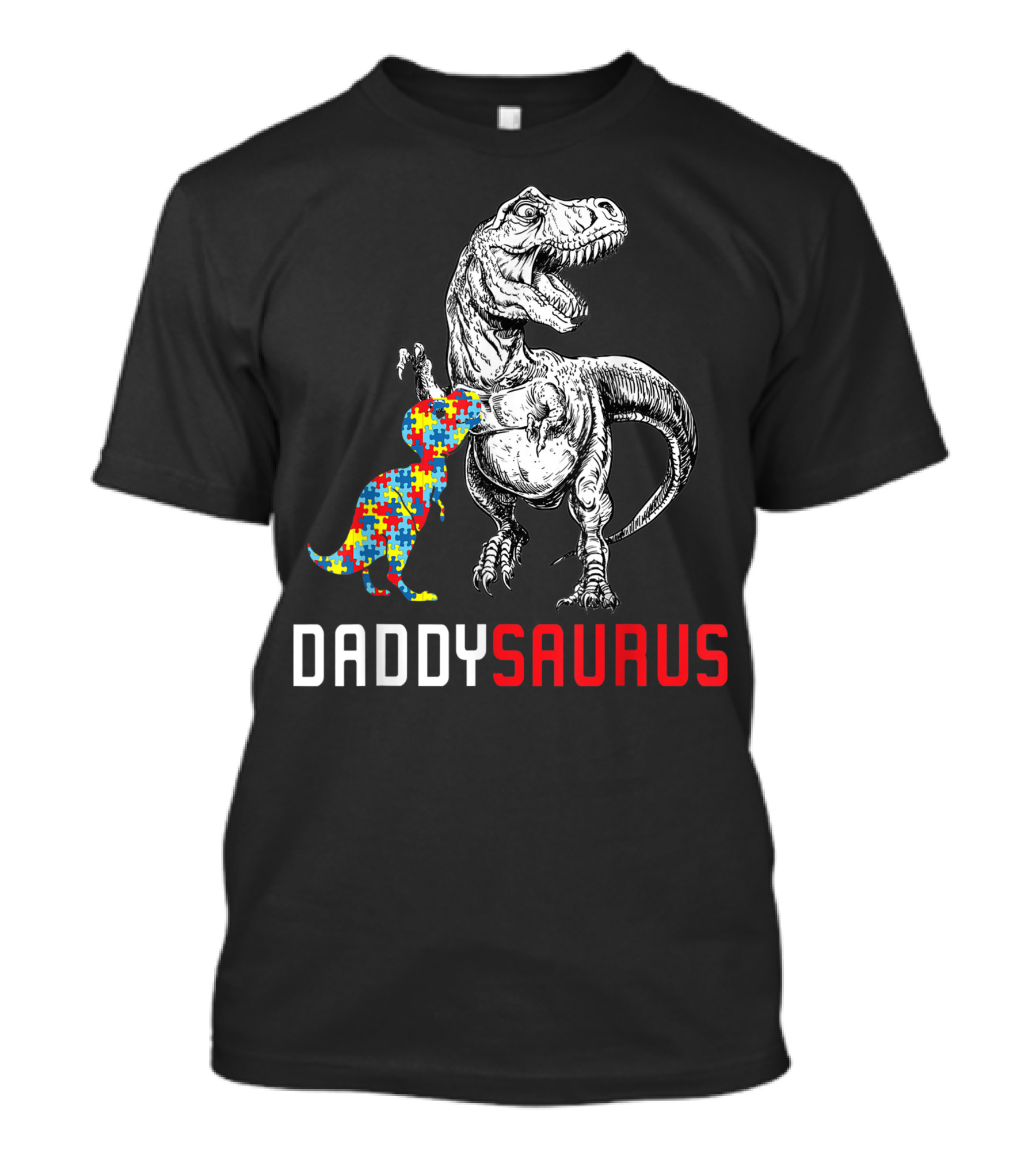 Daddysaurus Autism Awareness Puzzle Dinosaur Family T-Shirt