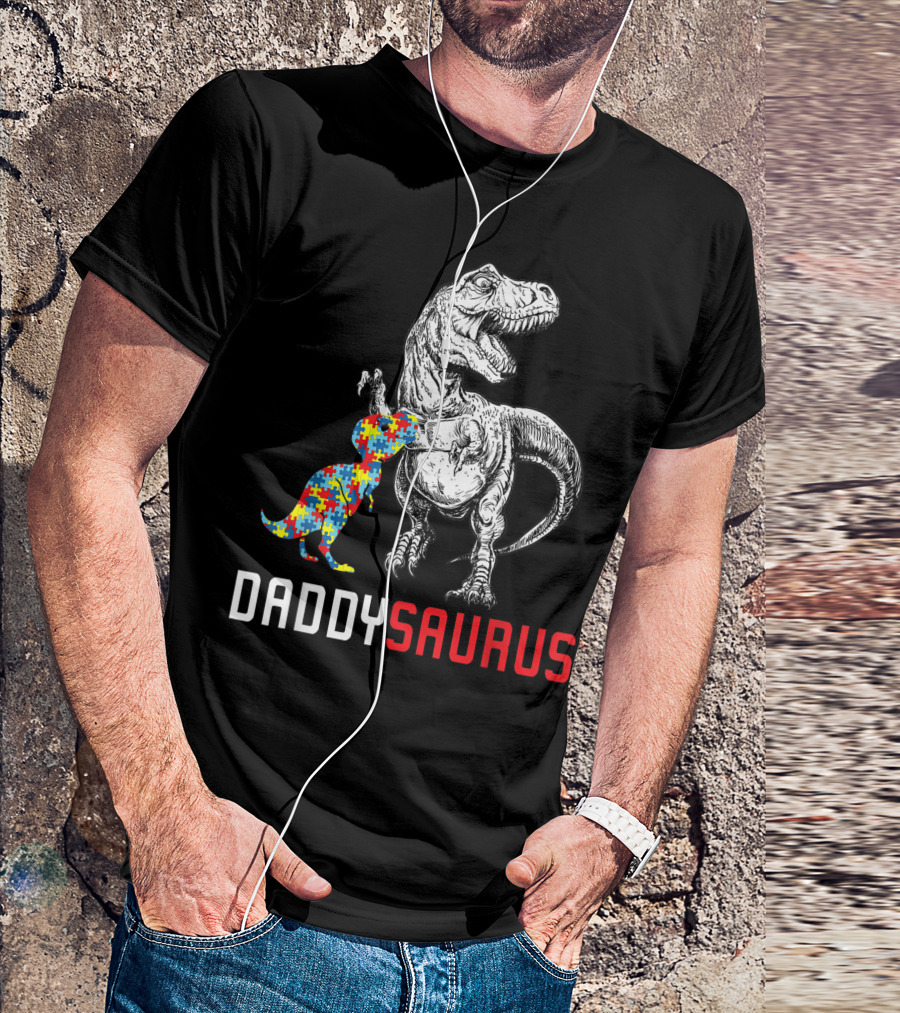 Daddysaurus Autism Awareness Puzzle Dinosaur Family T-Shirt