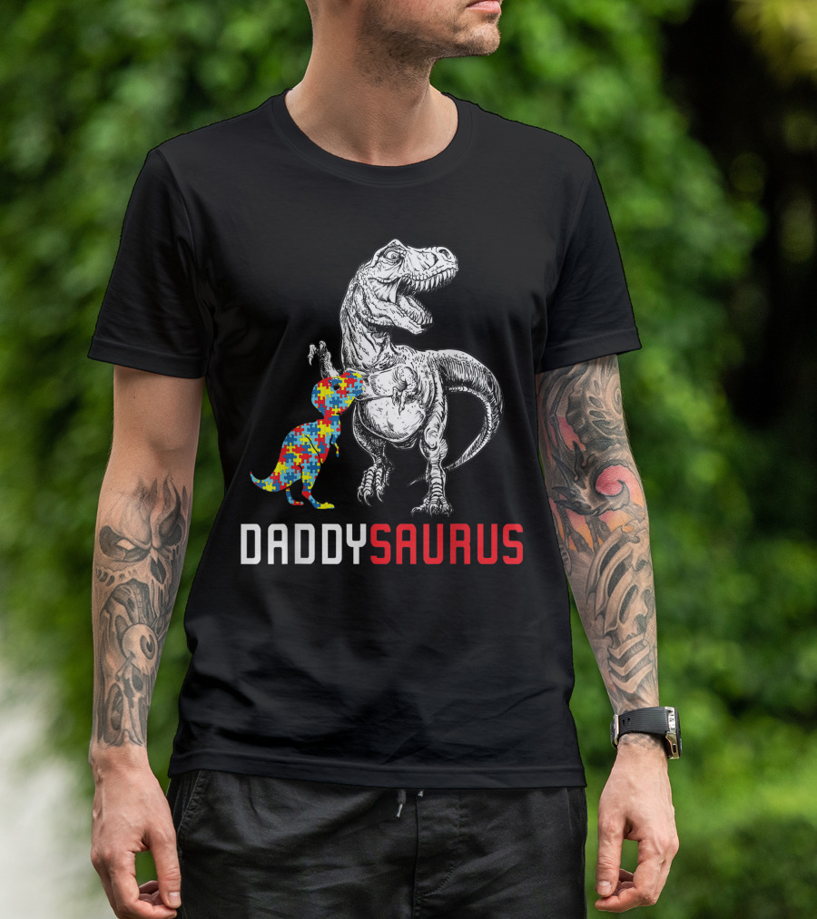 Daddysaurus Autism Awareness Puzzle Dinosaur Family T-Shirt
