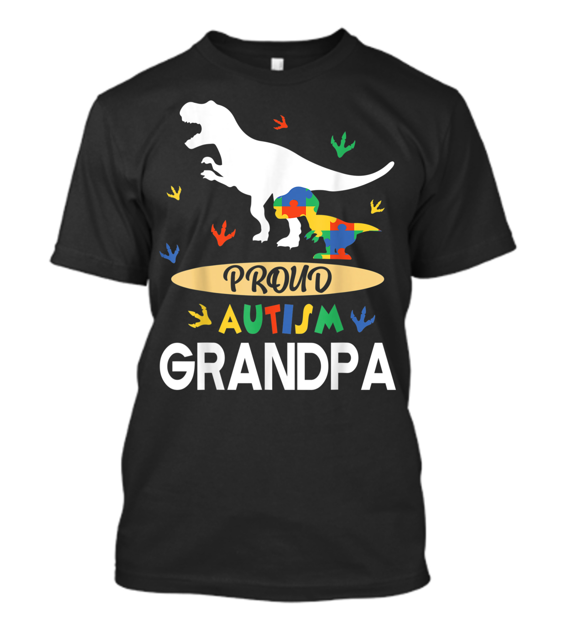 Proud Autism Grandpa Dinosaur And Autistic Puzzle Piece Partnership T-Shirt
