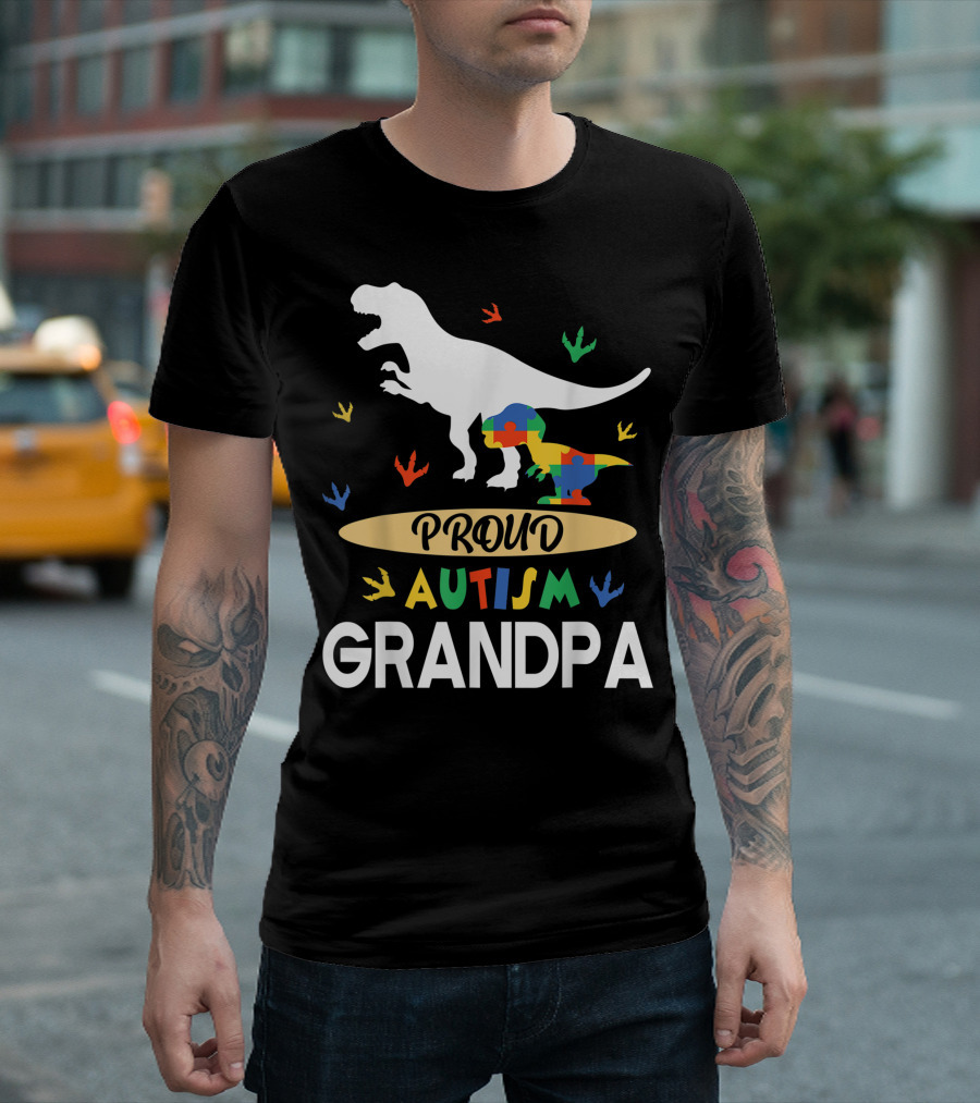 Proud Autism Grandpa Dinosaur And Autistic Puzzle Piece Partnership T-Shirt
