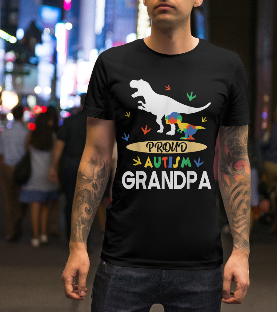 Proud Autism Grandpa Dinosaur And Autistic Puzzle Piece Partnership T-Shirt