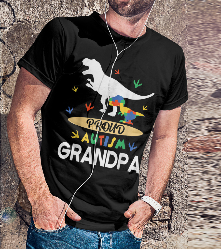 Proud Autism Grandpa Dinosaur And Autistic Puzzle Piece Partnership T-Shirt