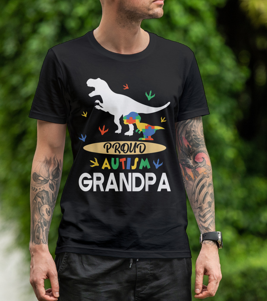 Proud Autism Grandpa Dinosaur And Autistic Puzzle Piece Partnership T-Shirt