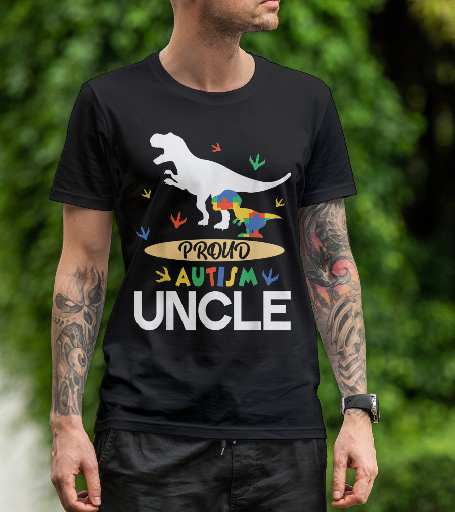 Proud Autism Uncle Dinosaur Puzzle Piece T-Shirt