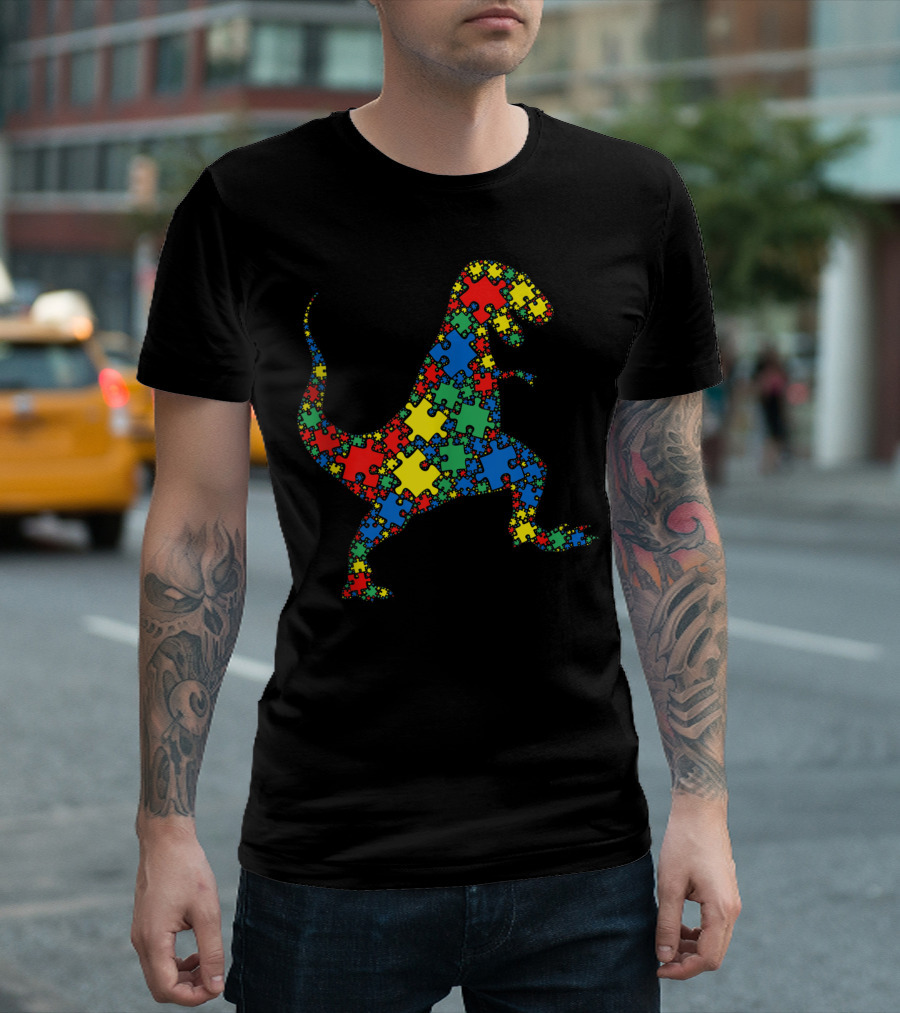 Dinosaur Autism Puzzle Kids Men Autism Awareness T-Shirt