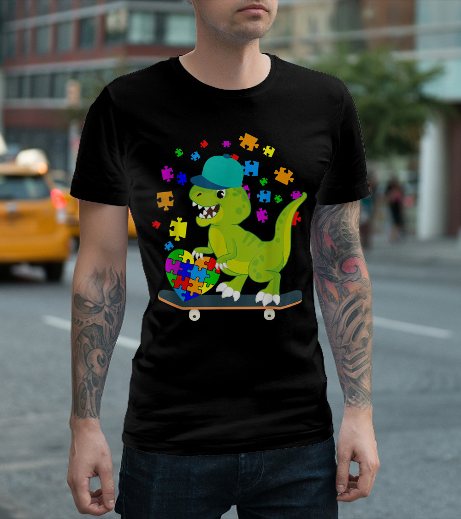 Dinosaur Puzzle Autism Awareness Rex Skateboard T-Shirt