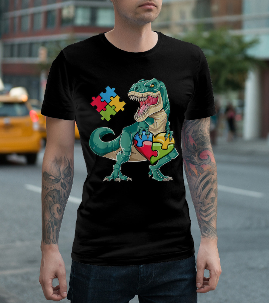 Dinosaur Puzzle Piece Heart Autism Awareness Boys T-Shirt