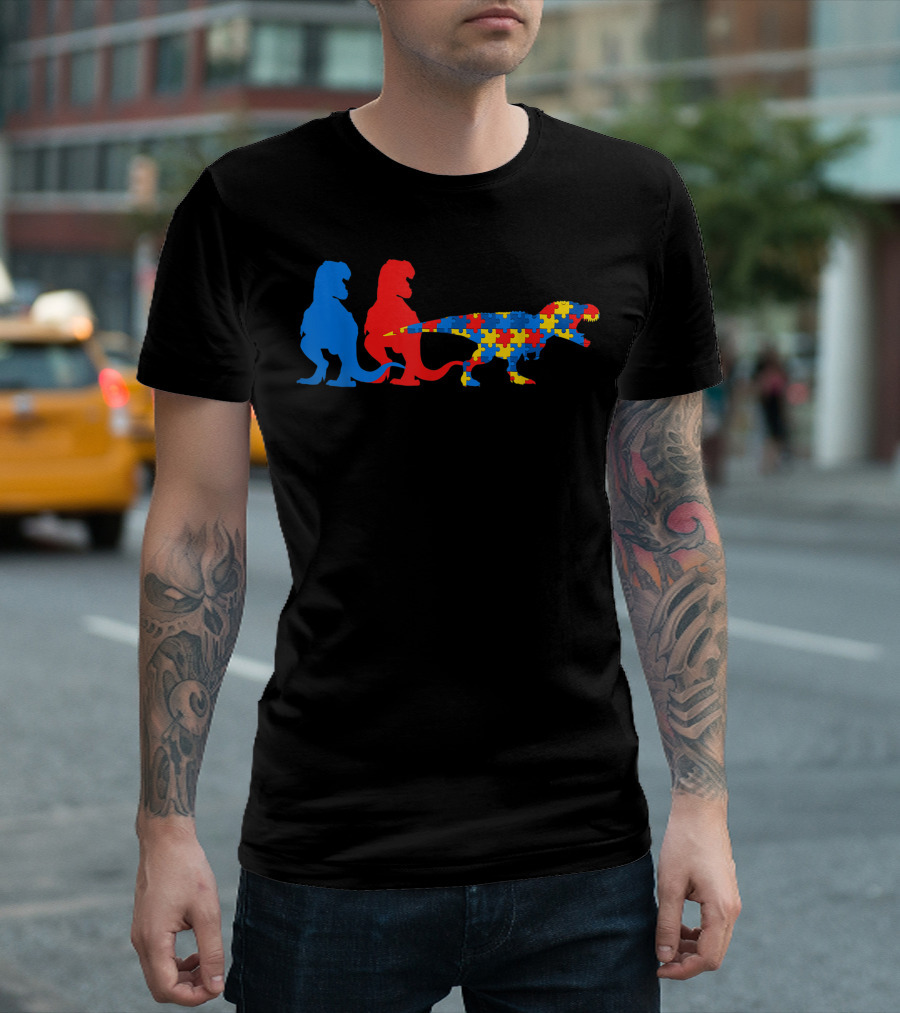 Dinosaur Puzzle Piece Autism Awareness Support Autistic T-Rex Evolution T-Shirt