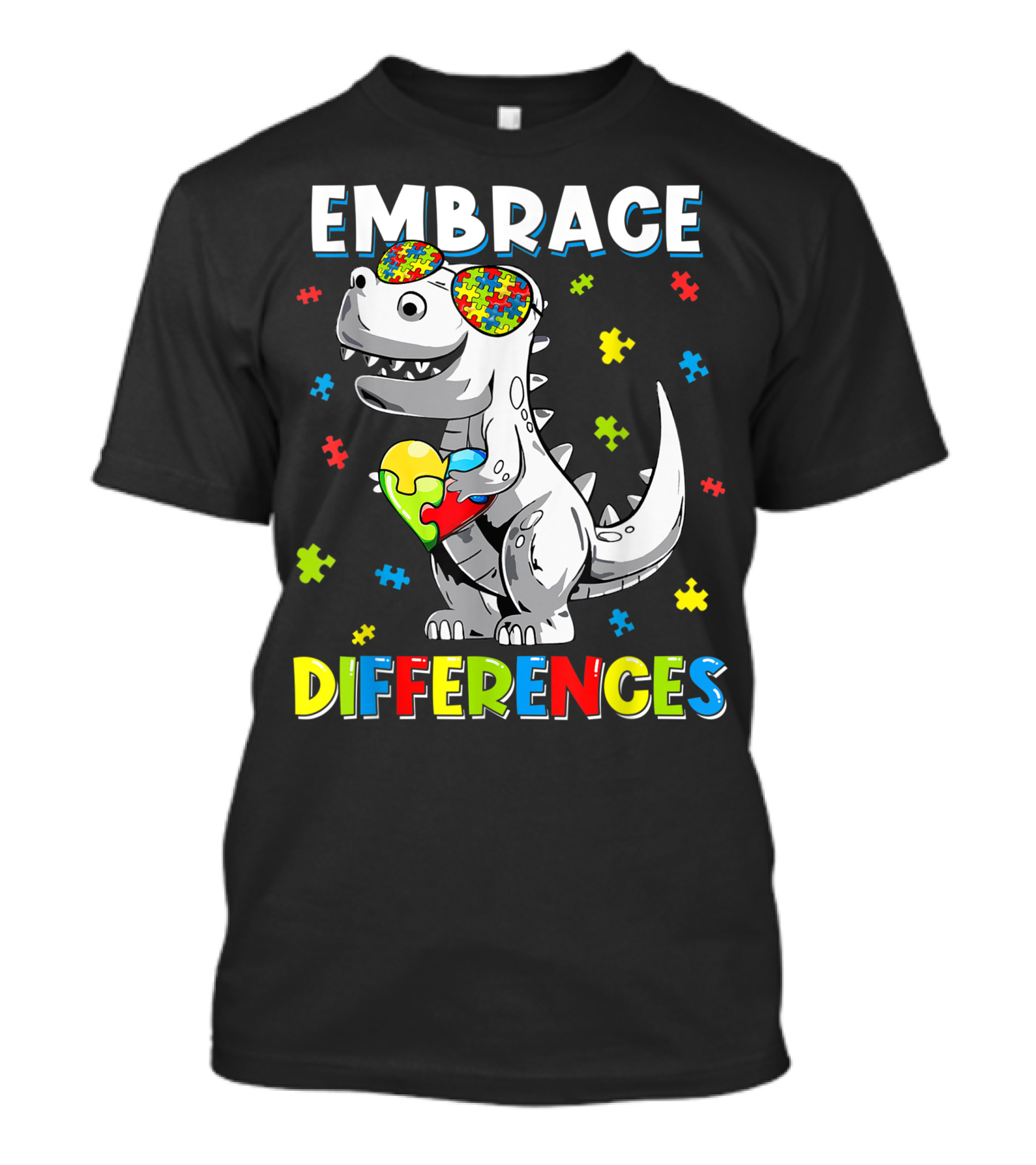 Embrace Differences Dinosaur Rex Puzzle Piece Autism Awareness T-Shirt