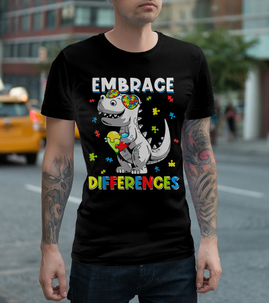 Embrace Differences Dinosaur Rex Puzzle Piece Autism Awareness T-Shirt