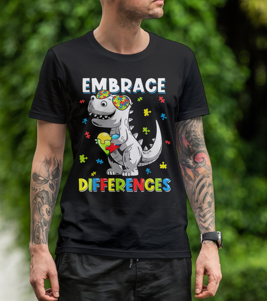 Embrace Differences Dinosaur Rex Puzzle Piece Autism Awareness T-Shirt