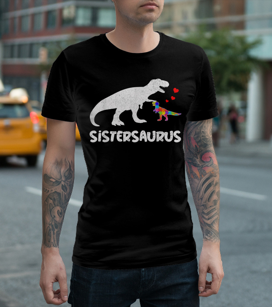 Sistersaurus Dinosaur Autism Awareness Puzzle Mom and Sister T-Shirt