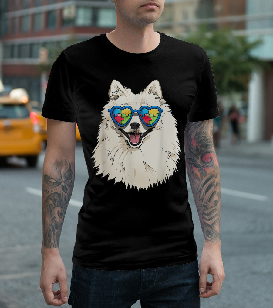 American Eskimo Dog Autism Awareness Puzzle Sunglasses T-Shirt