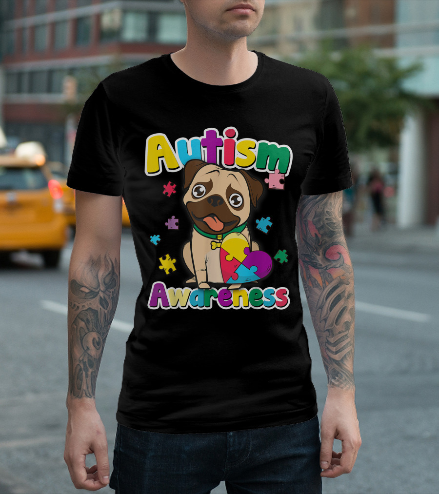Autism Awareness Cute Pug with Colorful Puzzle Pieces T-Shirt