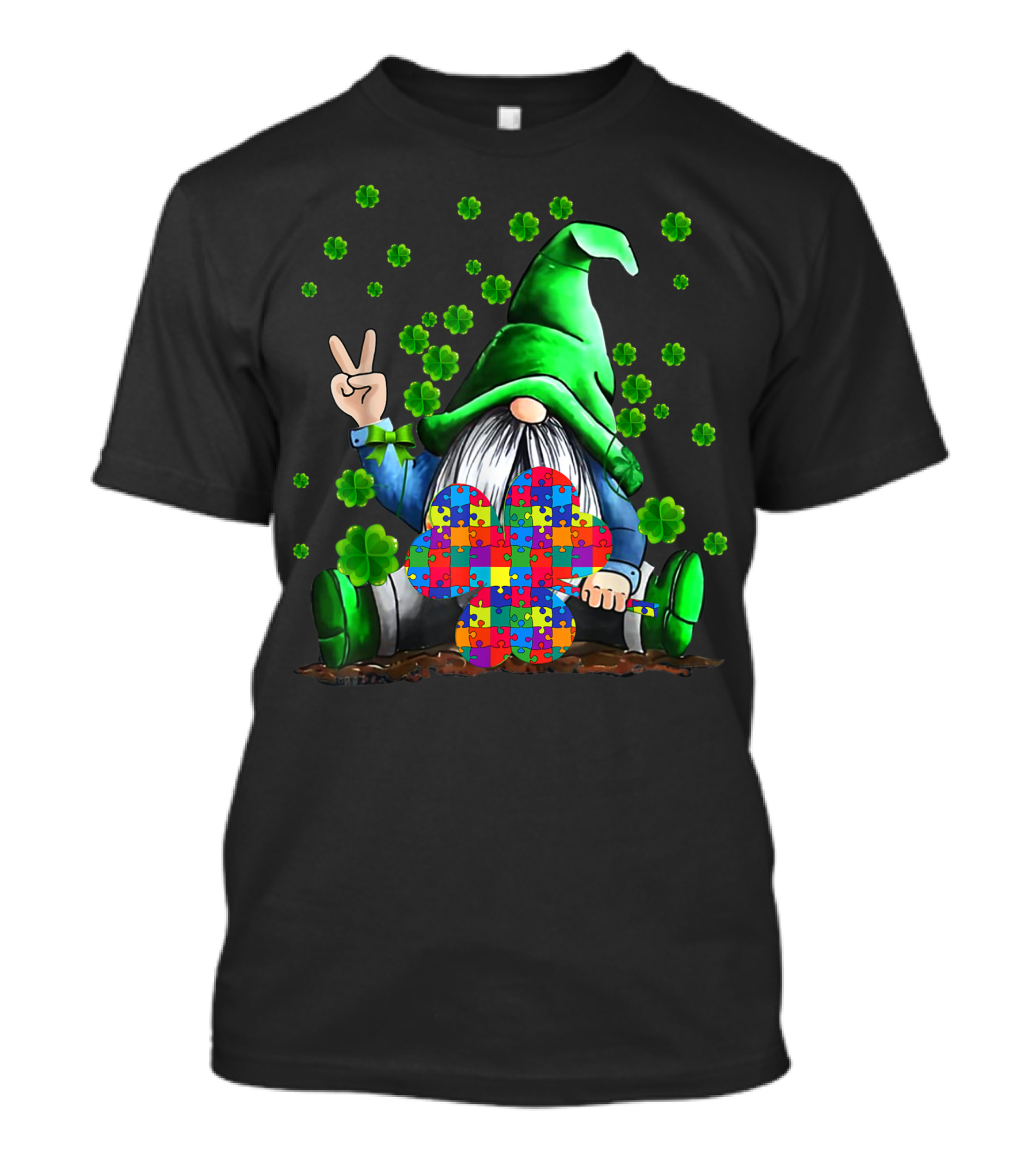 Autism Awareness Puzzle Piece Gnome With Shamrocks T-Shirt