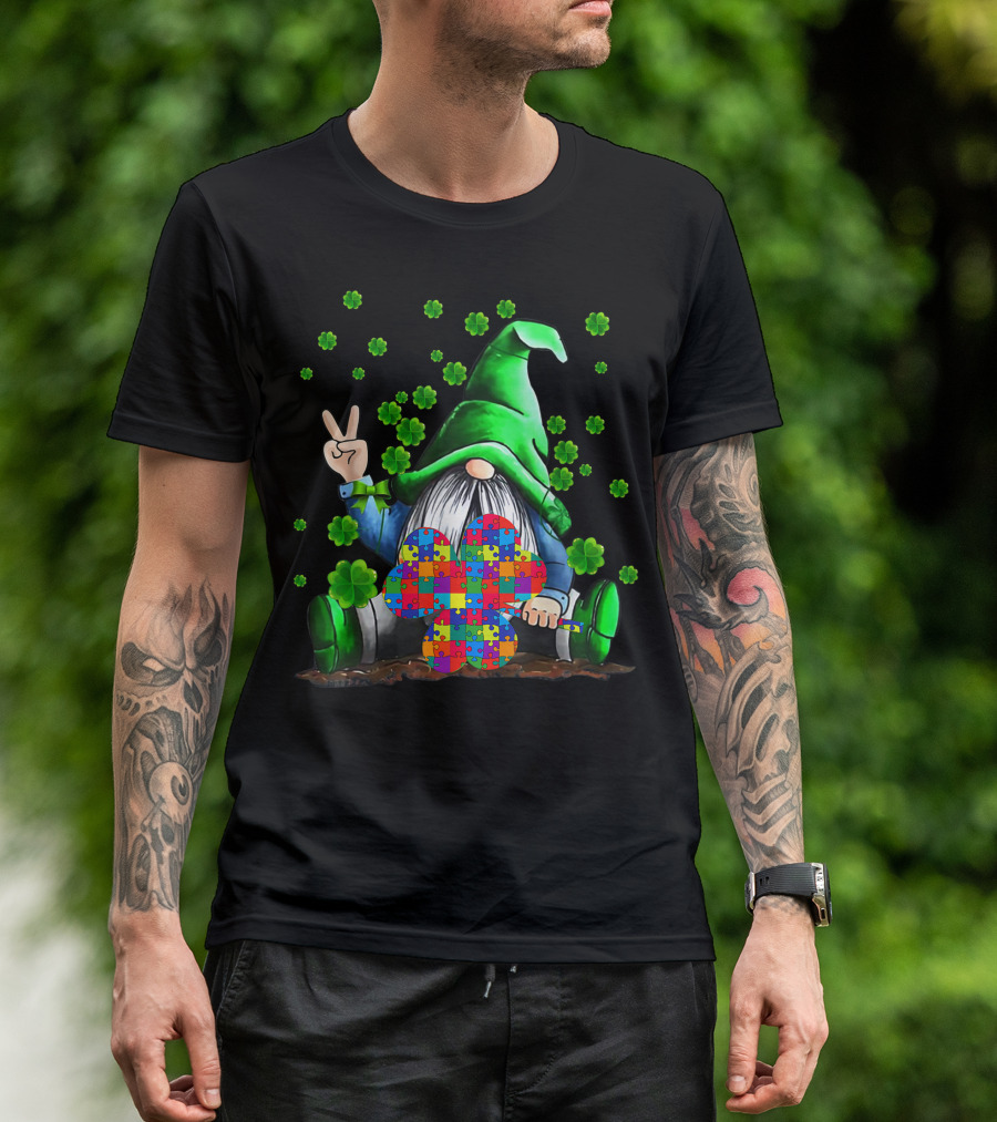 Autism Awareness Puzzle Piece Gnome With Shamrocks T-Shirt