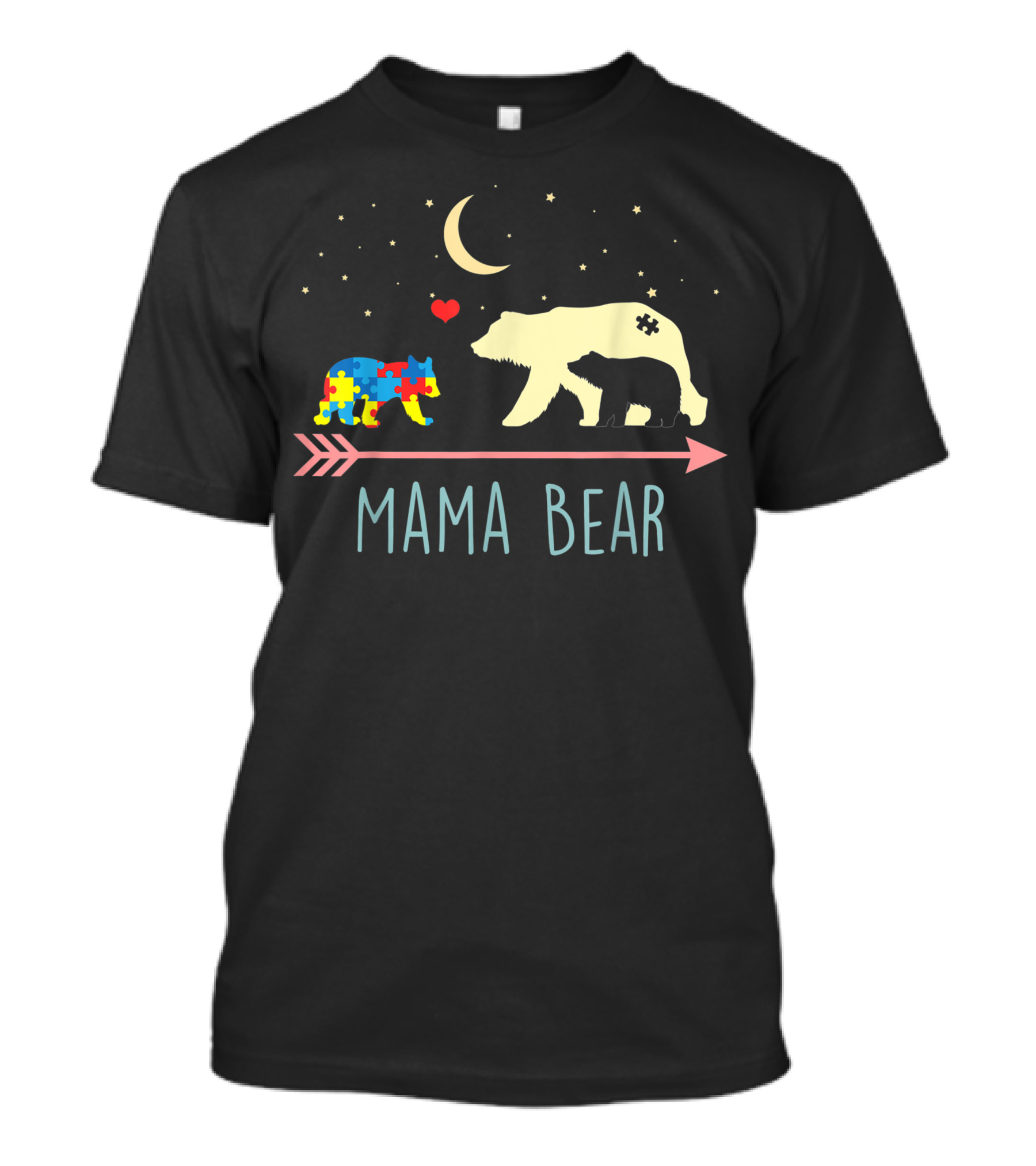 Mama Bear With Autism Puzzle Cub And Moon Stars Night Sky T-Shirt