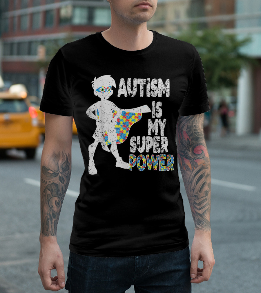 Autism Is My Super Power Puzzle Cape Hero Boy Autism Awareness T-Shirt