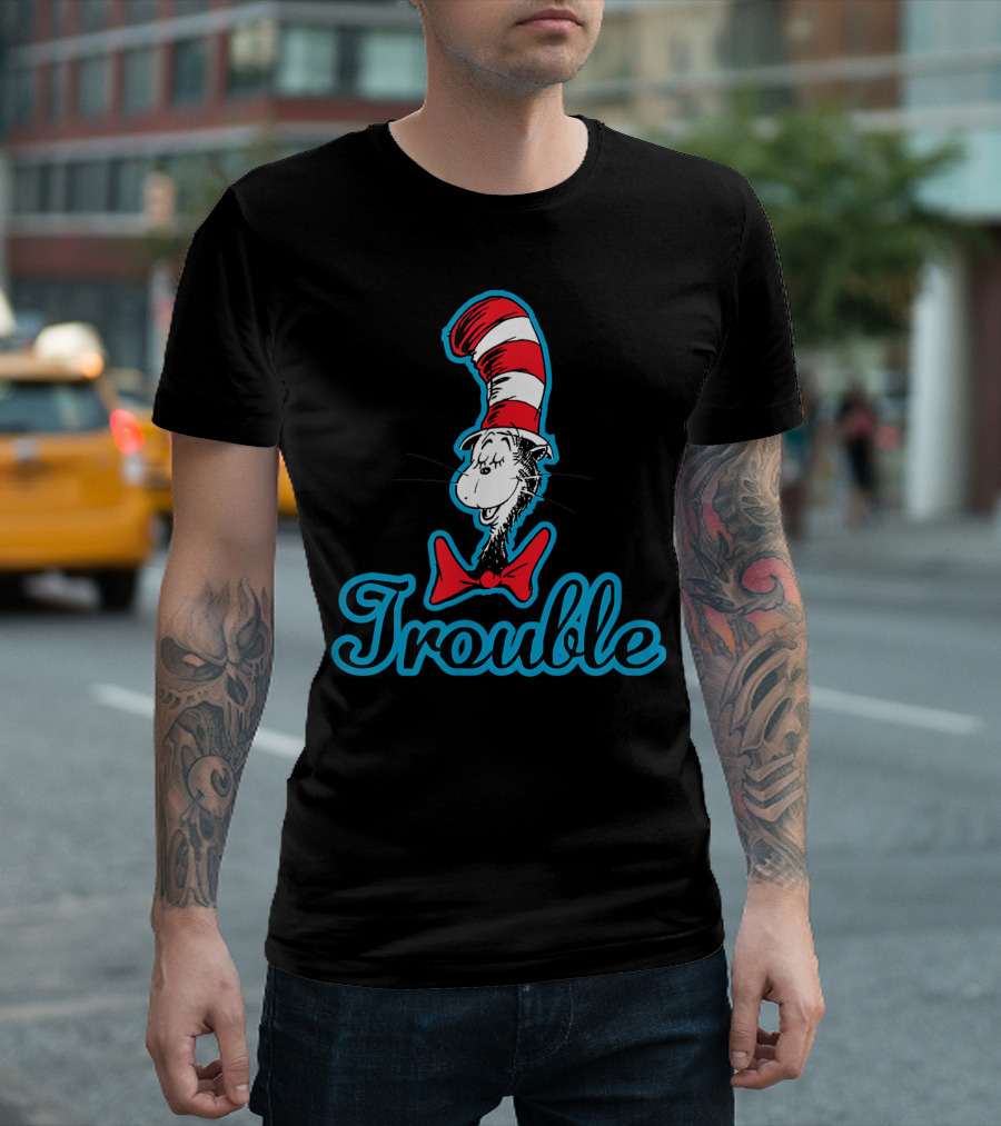 Dr Seuss The Cat In The Hat Trouble Iconic Red Bow Tie and Striped Hat T-Shirt