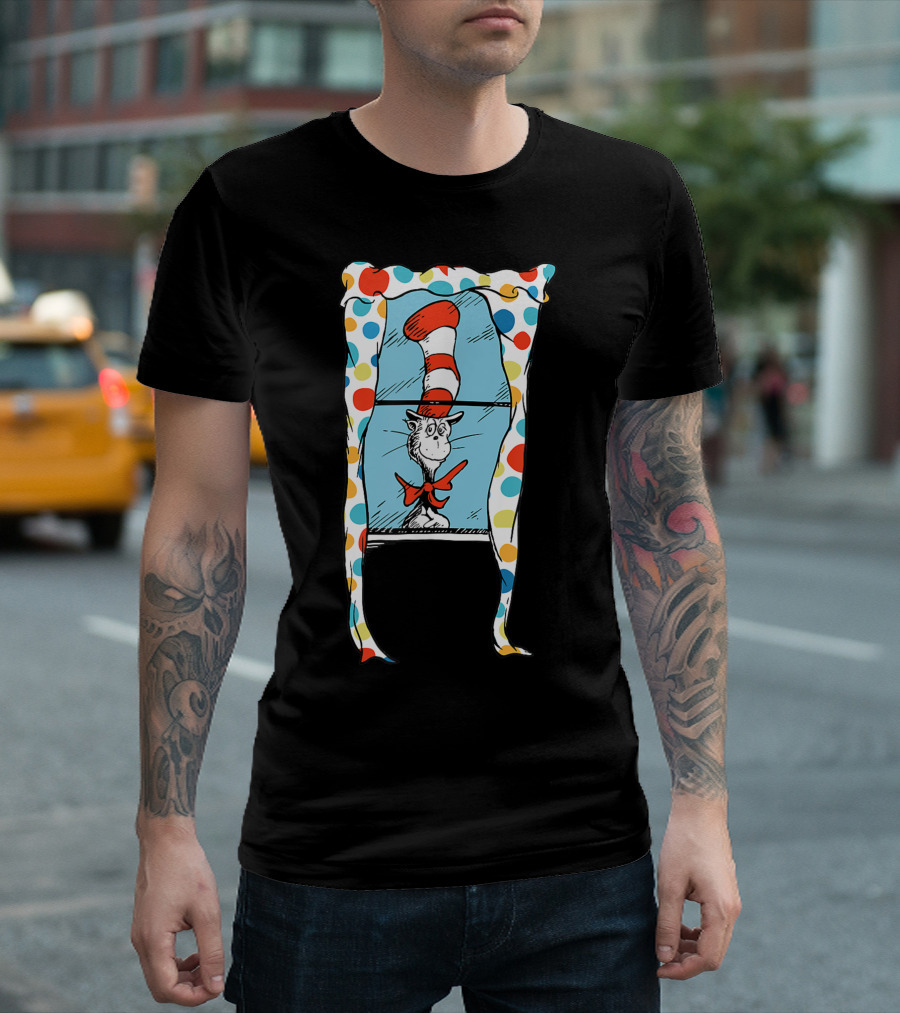 Cat in the Hat Peeking through Polka Dot Window Curtain T-Shirt