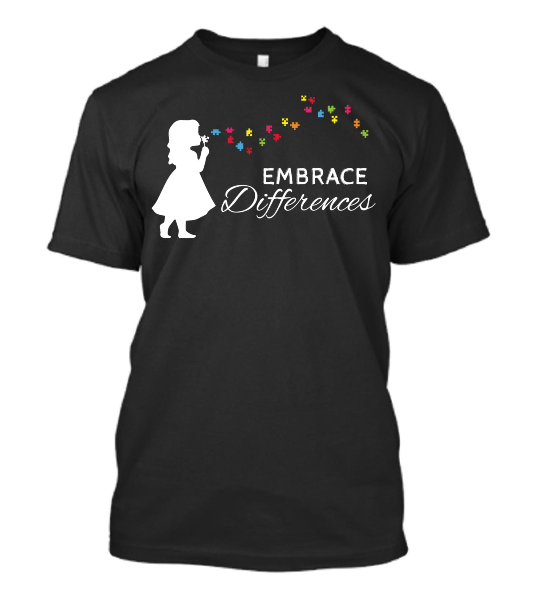 Embrace Differences Autism Awareness Girl Silhouette Puzzle Pieces T-Shirt