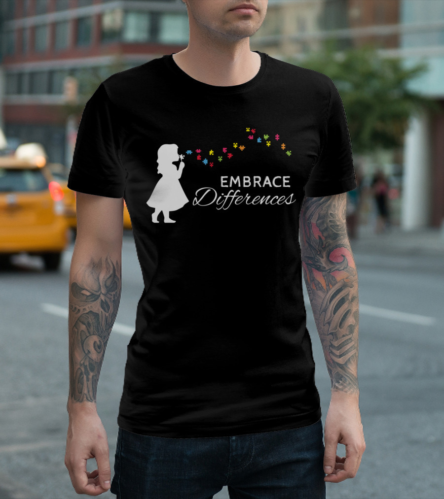 Embrace Differences Autism Awareness Girl Silhouette Puzzle Pieces T-Shirt