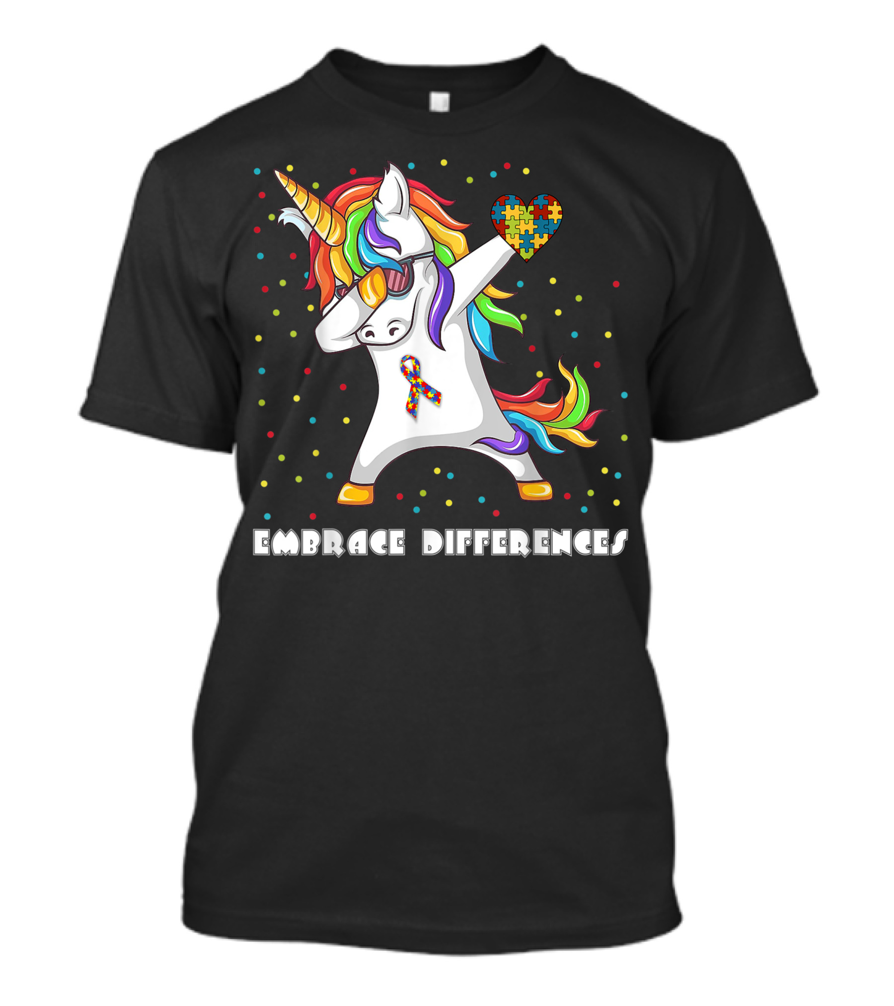 Embrace Differences Dabbing Unicorn Autism Awareness Puzzle Heart T-Shirt