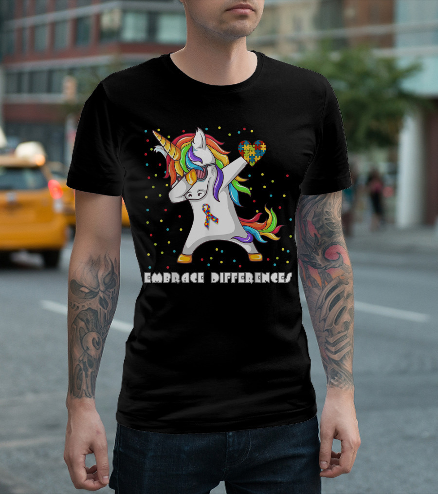 Embrace Differences Dabbing Unicorn Autism Awareness Puzzle Heart T-Shirt