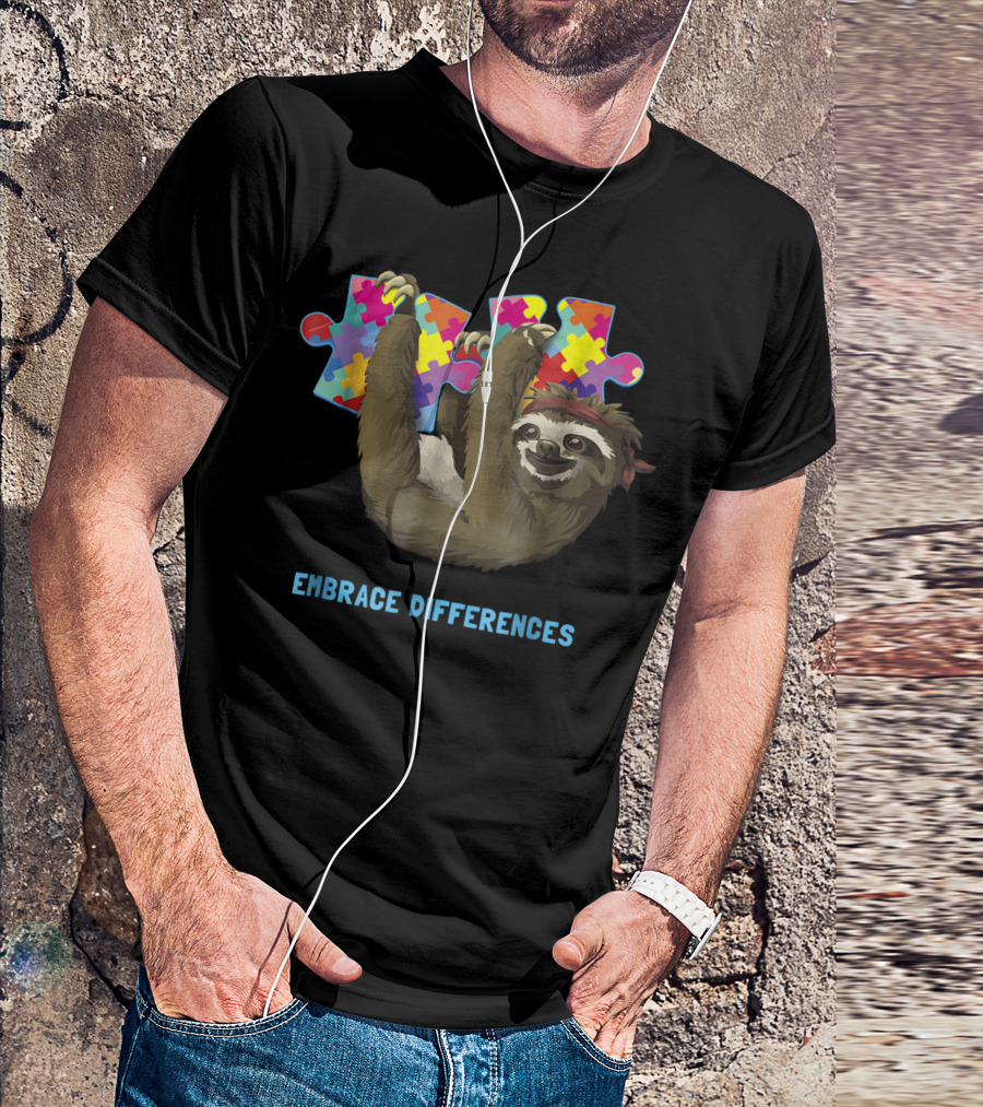 Embrace Differences Sloth With Puzzle Autism Awareness T-Shirt