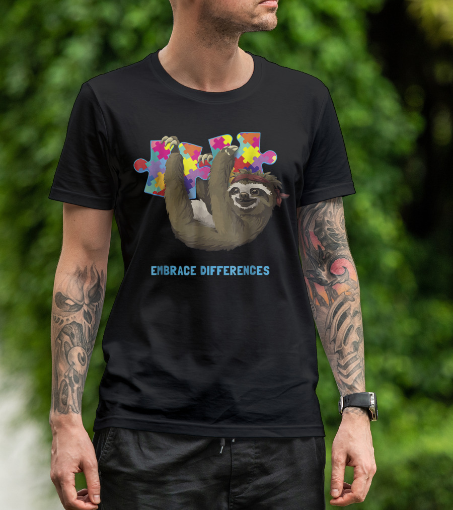 Embrace Differences Sloth With Puzzle Autism Awareness T-Shirt