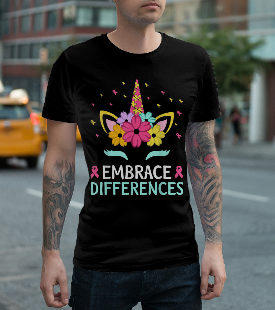 Embrace Differences Autism Awareness Unicorn Puzzle Flowers T-Shirt