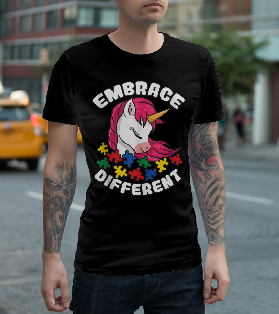 Embrace Different Unicorn Autism Puzzle Pieces Awareness T-Shirt