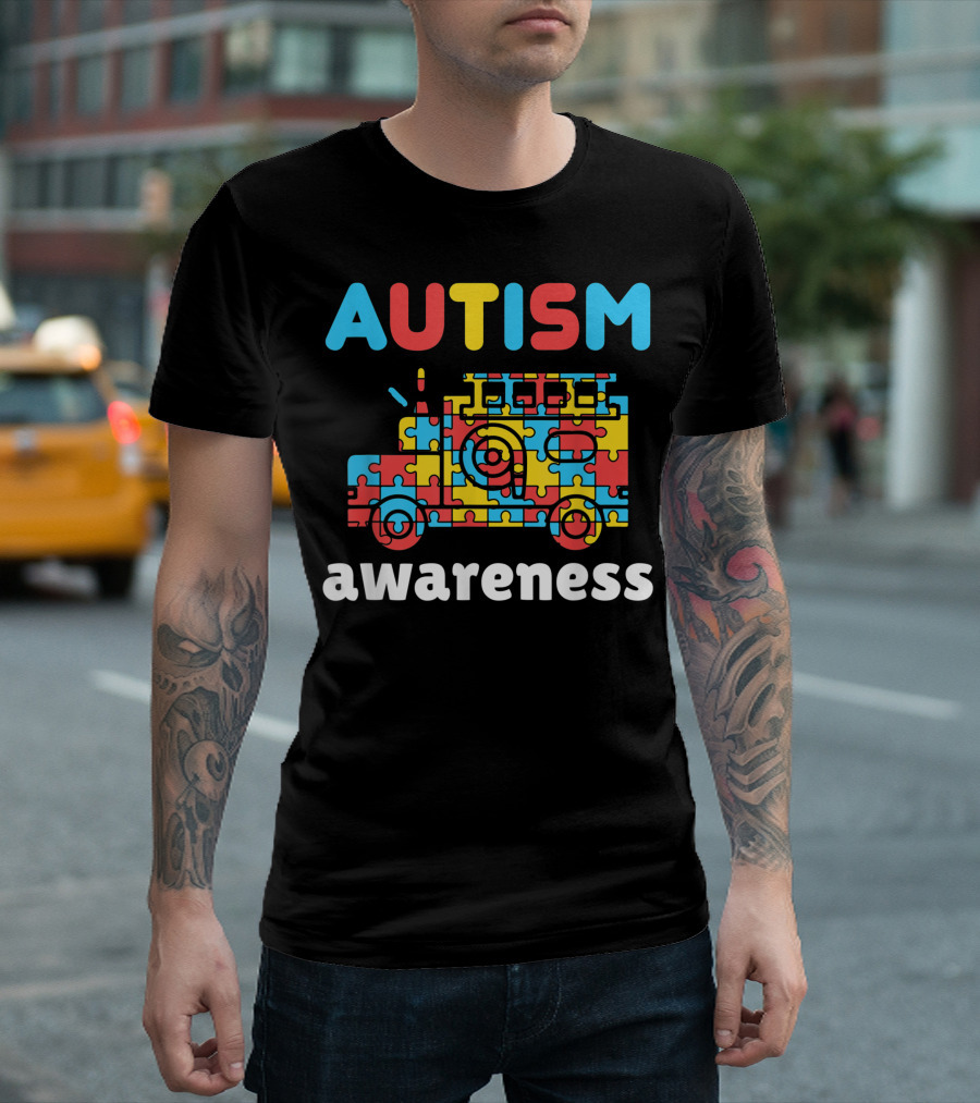 Autism Awareness Puzzle Pieces Fire Truck T-Shirt