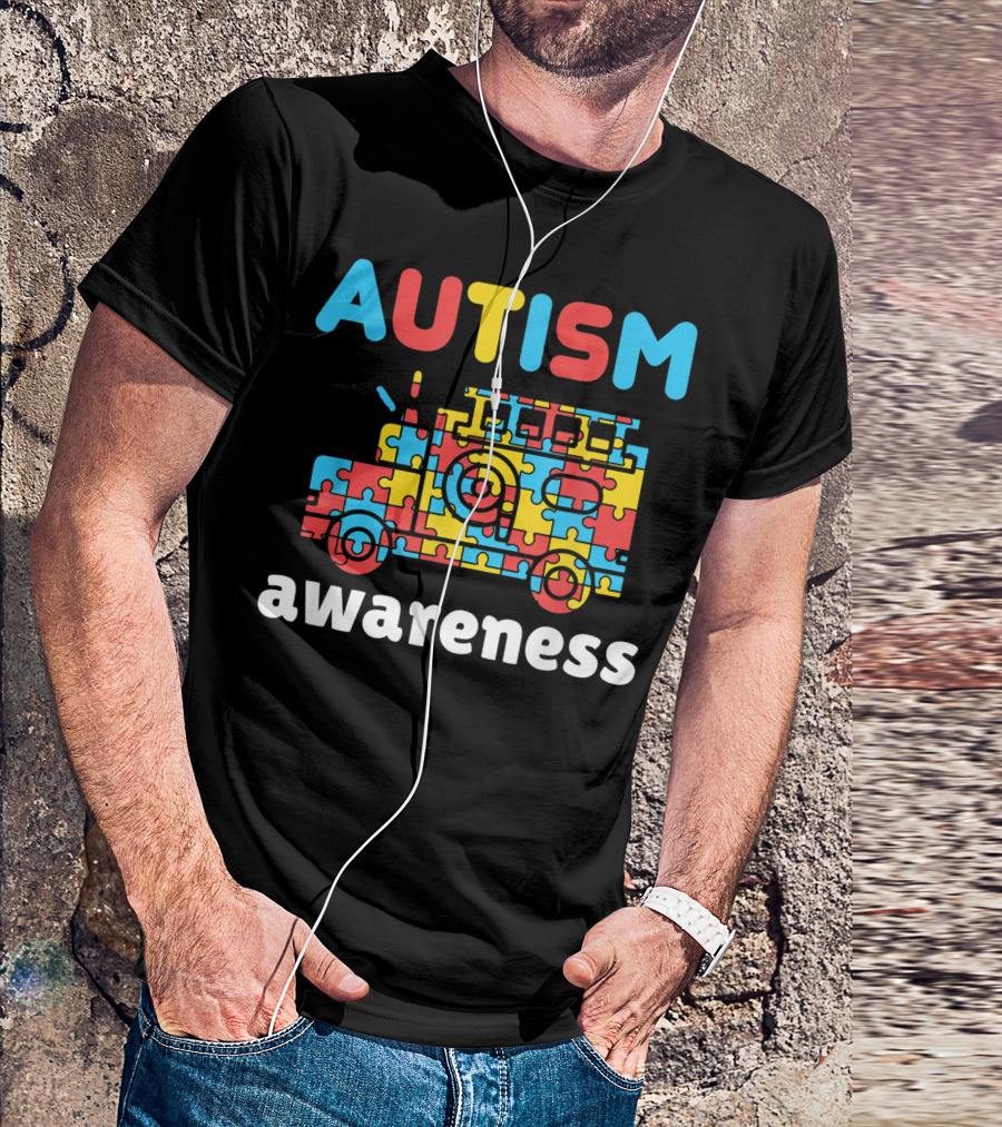 Autism Awareness Puzzle Pieces Fire Truck T-Shirt