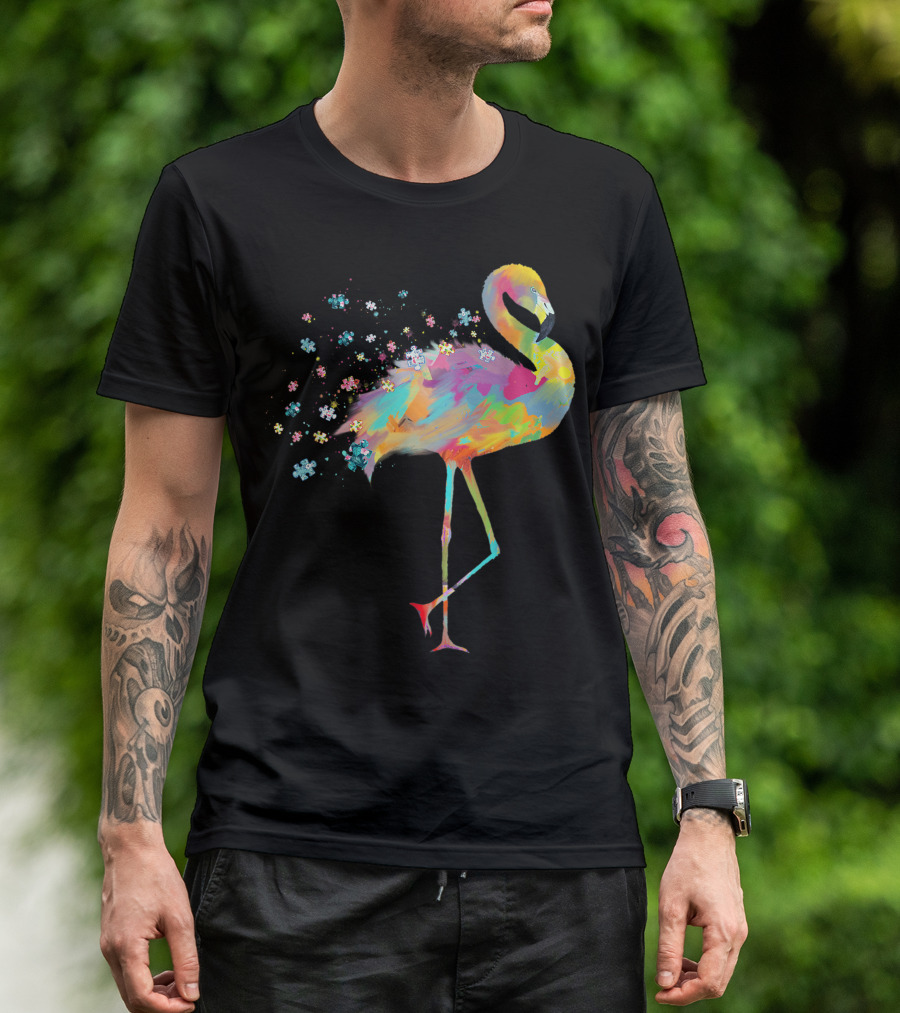 Flamingo Colorful Puzzle Pieces For Autism Awareness T-Shirt