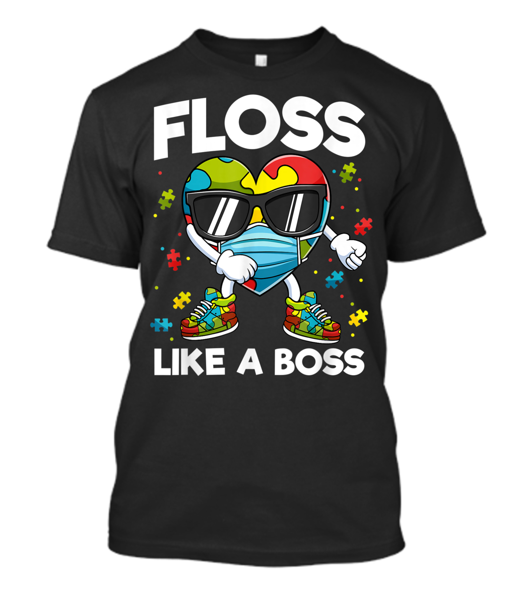 Floss Like A Boss Puzzle Piece Heart With Sunglasses Autism Awareness T-Shirt