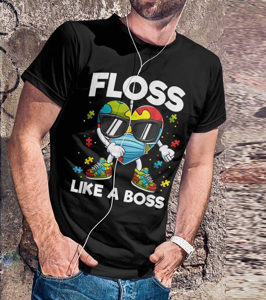 Floss Like A Boss Puzzle Piece Heart With Sunglasses Autism Awareness T-Shirt