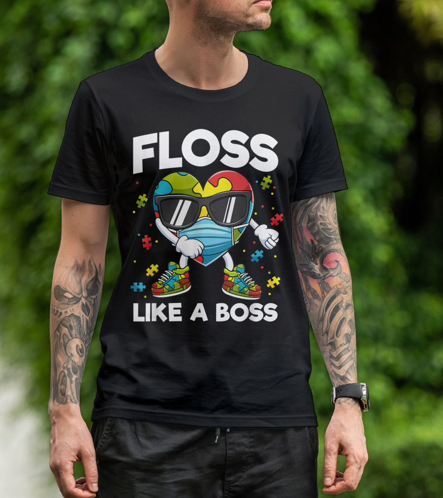 Floss Like A Boss Puzzle Piece Heart With Sunglasses Autism Awareness T-Shirt