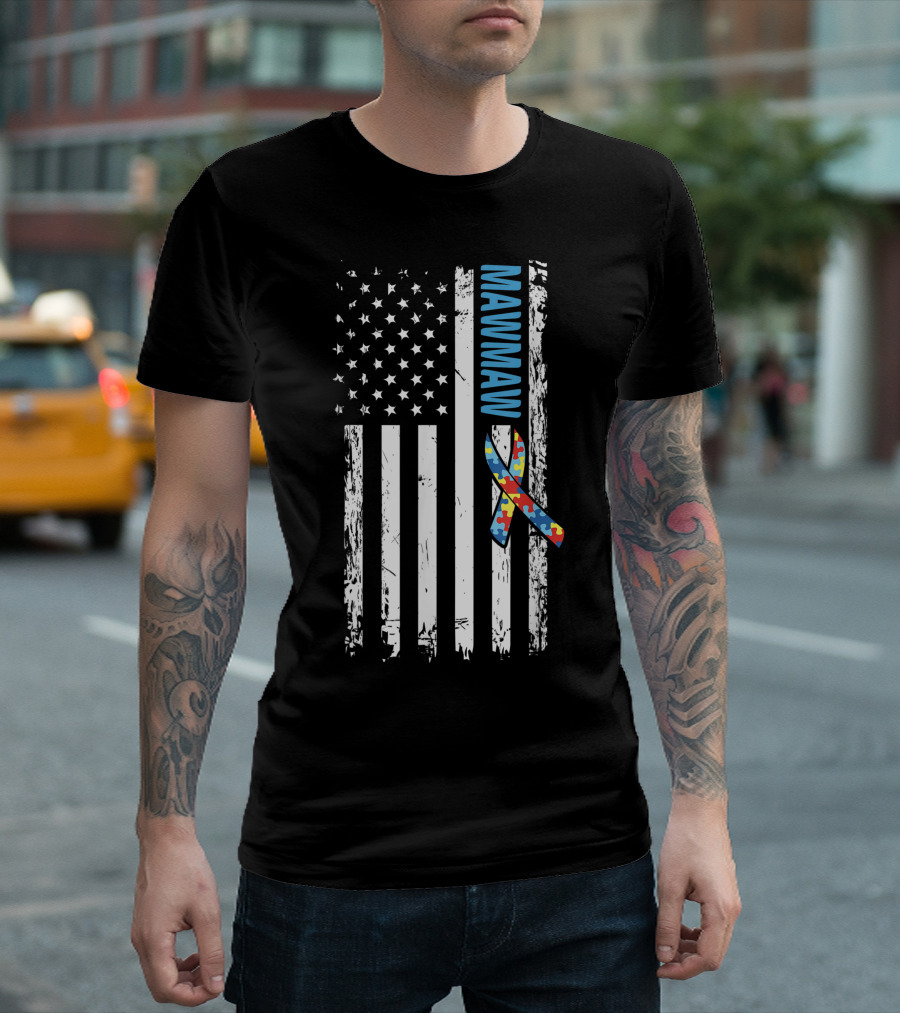Mawmaw Autism Awareness American Flag Puzzle T-Shirt
