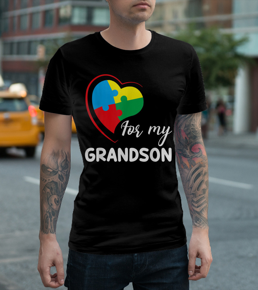 For My Grandson Autism Awareness Heart Puzzle T-Shirt
