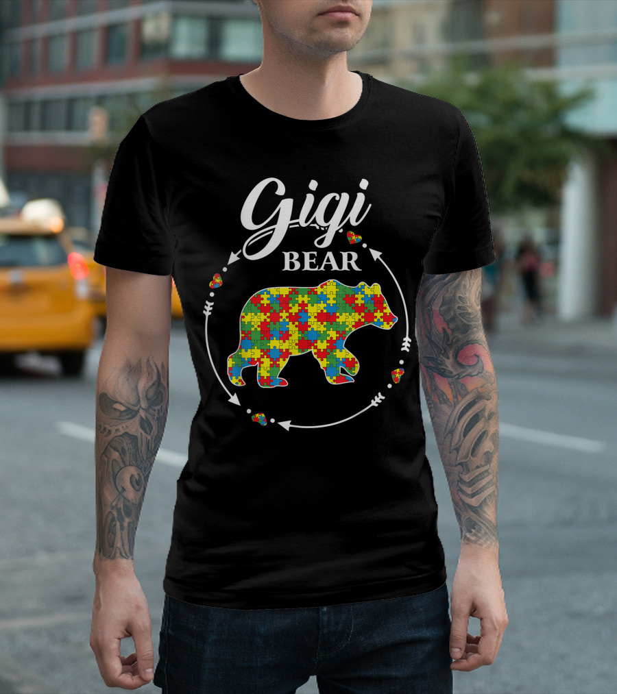 Gigi Bear Autism Awareness Support Autistic Puzzle Pattern Bear T-Shirt