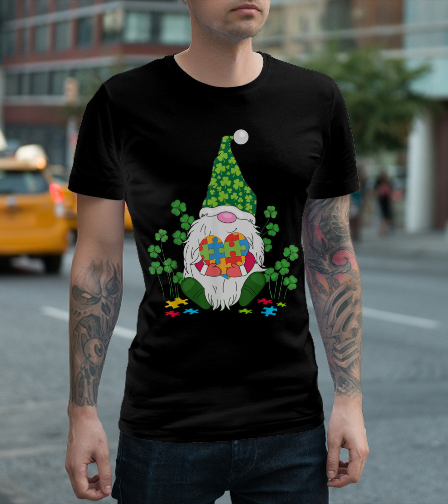 Gnomes Holding Hearts Autism Awareness St Patrick's Day Shamrock Puzzle Pieces T-Shirt