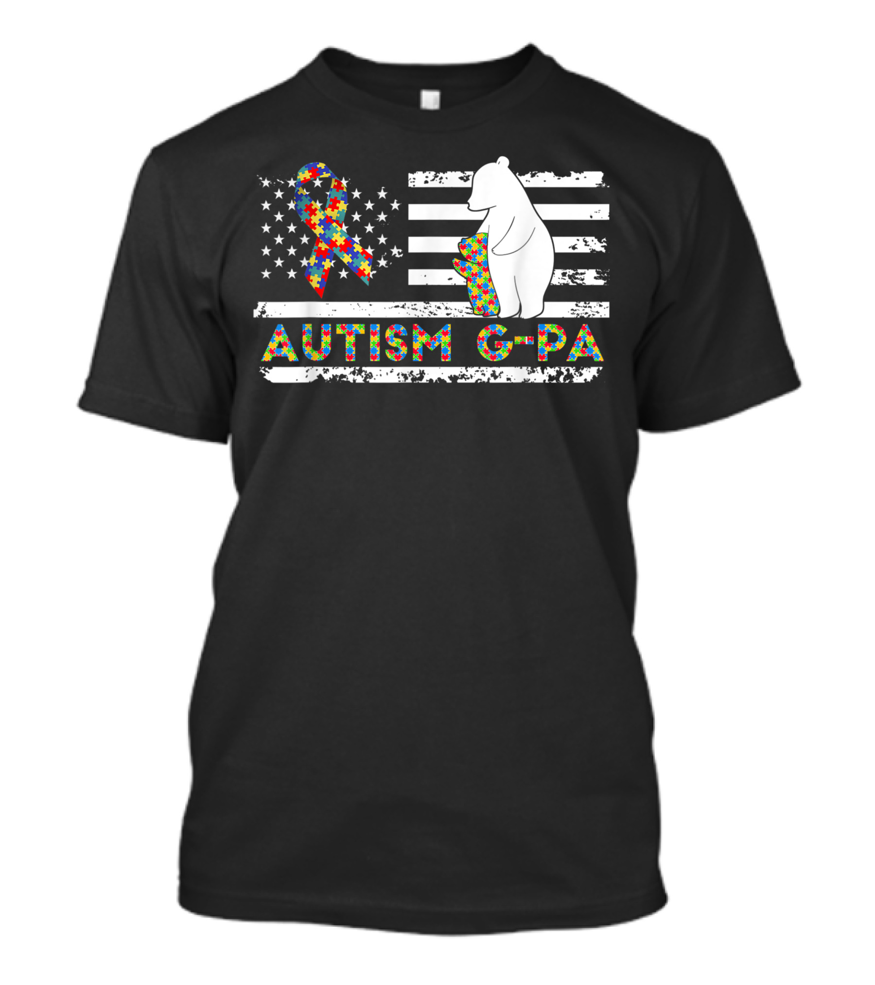 Autism G-Pa Awareness American Flag Vintage Bear Puzzle T-Shirt