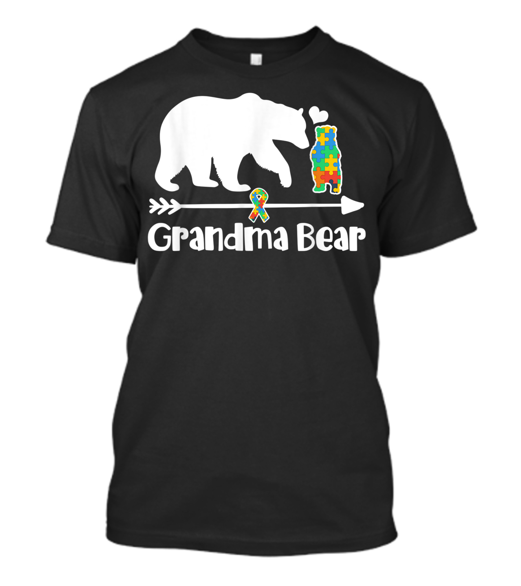 Grandma Bear Autism Awareness Puzzle Piece Ribbon Heart Support T-Shirt