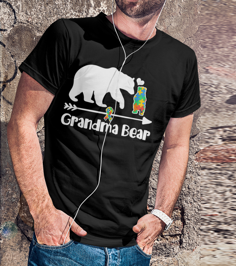 Grandma Bear Autism Awareness Puzzle Piece Ribbon Heart Support T-Shirt